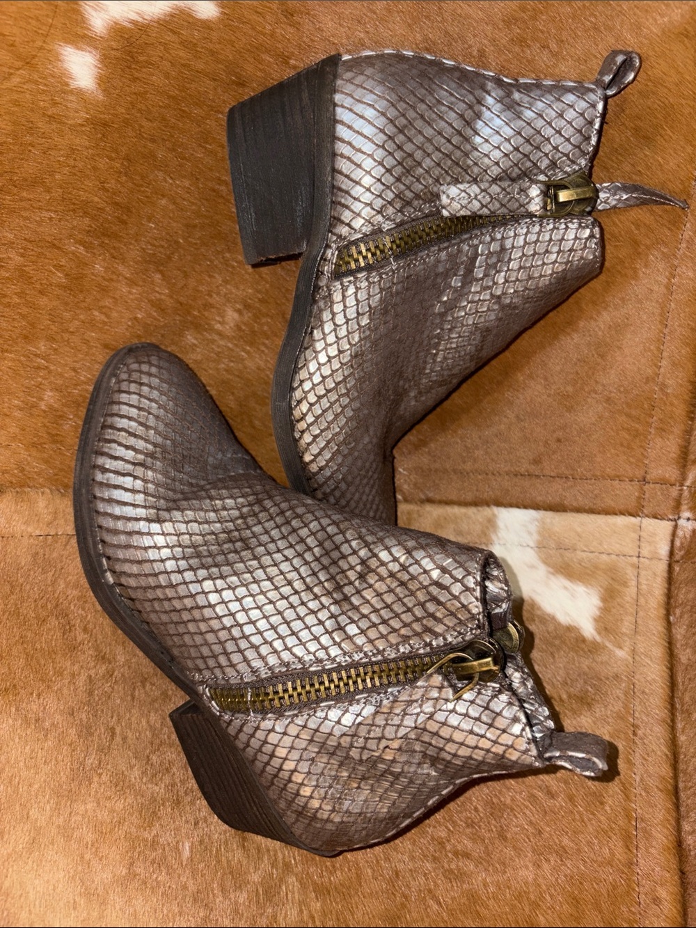 Very G Metallic Snake-Embossed Ankle Booties in Taupe Silver